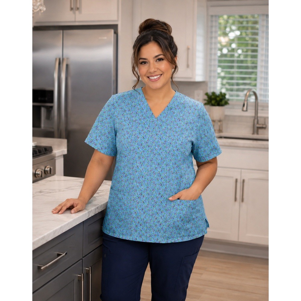 Nu Dimension Stretch Women's V Neck Floral Scrub Top Medium Multicolor Blue New